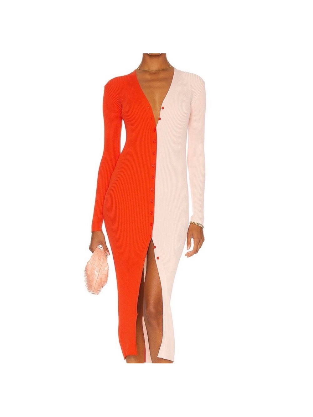 STAUD Shoko Long Sleeve Sweater Dress Red Pink Colorblock Size S